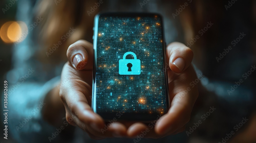 Poster hand holding smartphone with security lock icon displayed digital security and technology concepts
