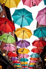 Obraz premium A kaleidoscope of umbrellas against gray skies , weather, wet street