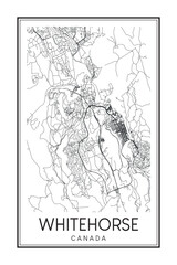 Printable downtown road map poster of the Canadian city of WHITEHORSE on solid white background with city name