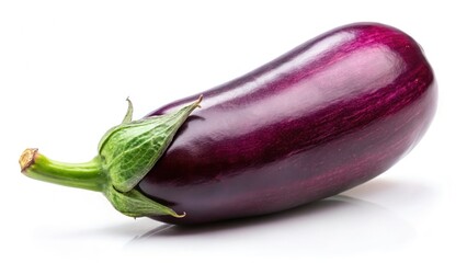 High-resolution image: a single, fresh eggplant, perfectly ripe, isolated on a pristine white background.