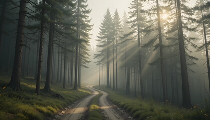 Obraz premium Calming Travel-Inspired Forest Path with Morning Mist