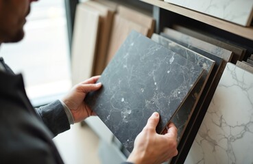 Man selecting stone kitchen countertop panel at furniture store. Person holds grey marble sample. Home improvement, design choice for interior construction, renovation. Modern house decor catalog