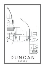 Printable downtown road map poster of the Canadian city of DUNCAN on solid white background with city name