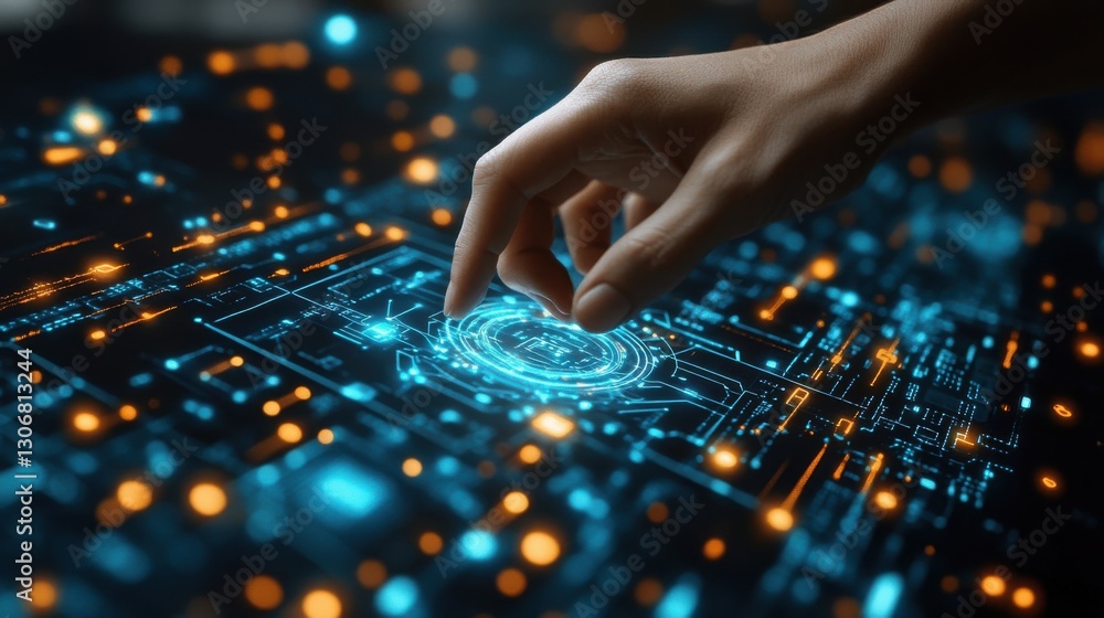 Poster hand presenting digital interface with networking and technology icons