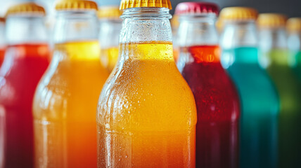Colorful fizzy soda bottles with condensation in close-up view.