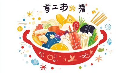 24.A playful design of an oden hot pot filled with ingredient characters in vibrant colors, each uniquely styled, set against a clean white background with the Japanese word for oden included in the