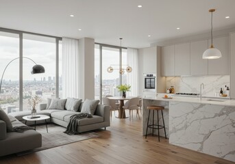 Modern kitchen mockup table interior in a luxury home with stylish design, windows, furniture, and a spacious layout