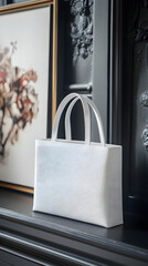 A white tote bag with a minimalist design is placed on the table
