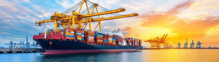 Advanced Robotic Cargo Handling in Smart Shipping Port at Sunset Overlooking the Ocean