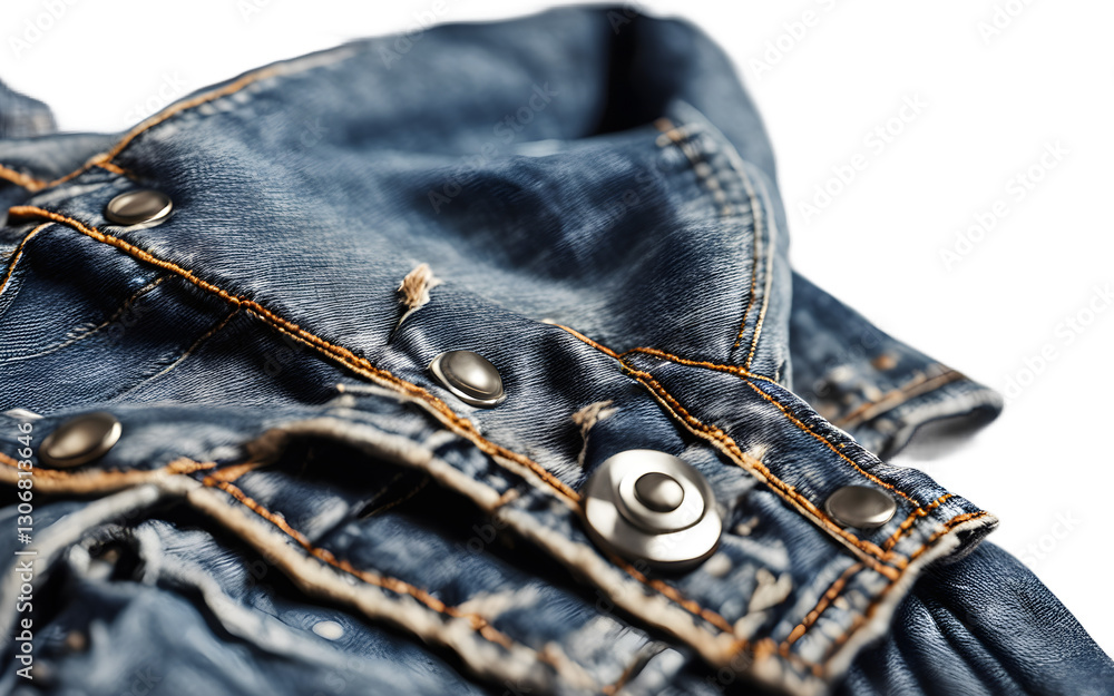 Poster A denim jacket with distressed details and silver buttons, isolated on a empty plain background