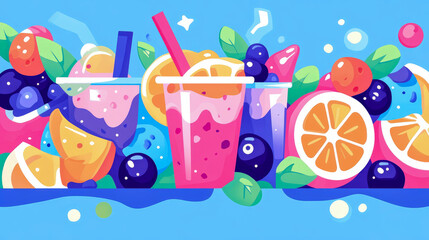 Summer concept: Colorful drinks with fruit for refreshing and vibrant feeling, print for card, poster, flyer.