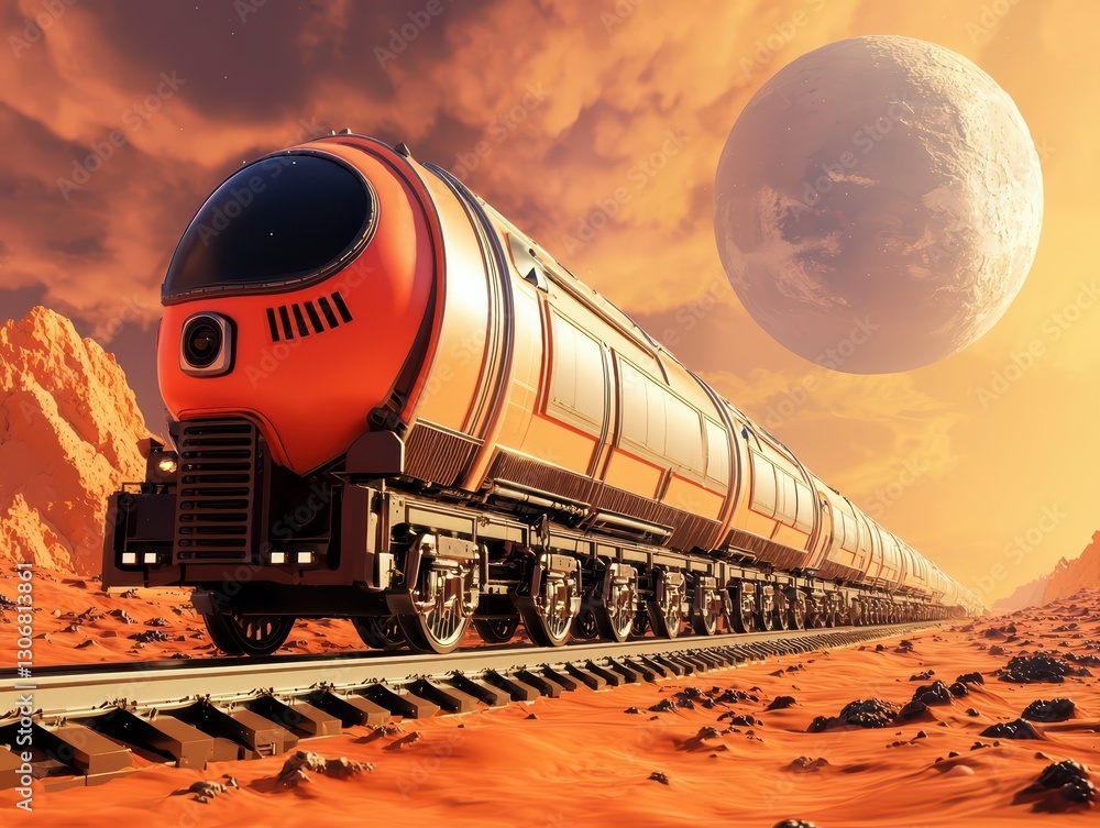 Poster futuristic cargo transport system traversing an alien landscape with a distant planet in view