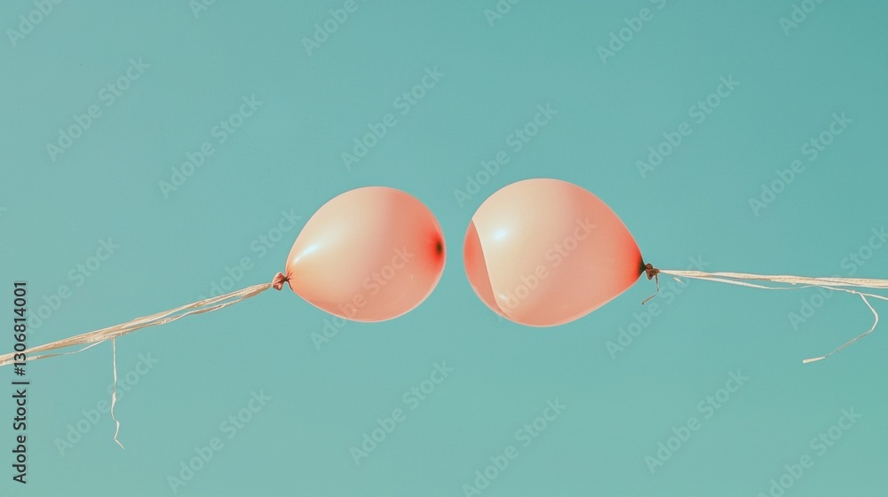 Poster two pink balloons floating in the air against a light blue background. the balloons are attached to 
