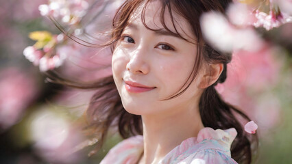 Fototapeta premium 桜を背景に微笑む日本人女性