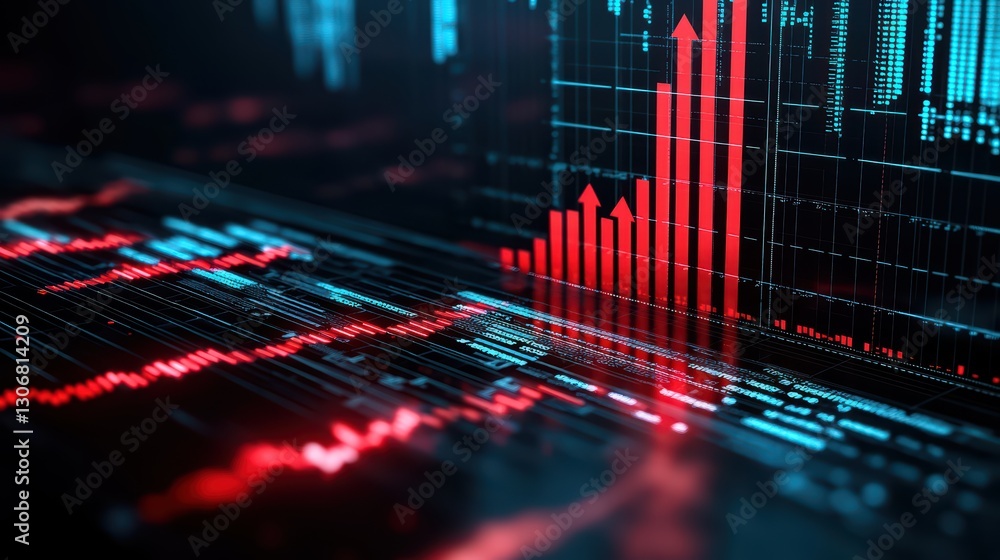 Poster 3d stacked bar graphs with red arrows displaying market trends and financial data visualization