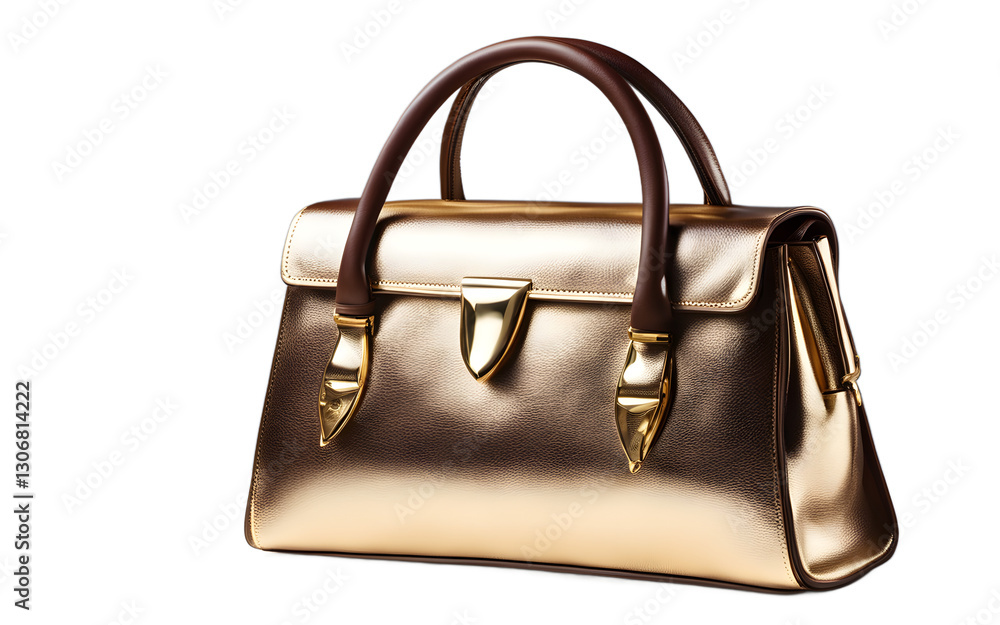 Poster a leather handbag with gold accents and a sleek design, isolated on a empty plain background