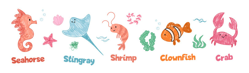Cute crayon sea animals drawings for stickers and icons for children designs. Kids style hand drawn illustration. Vector collection for poster or printing