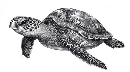 Fototapeta premium Graceful black and white pencil sketch of a sea turtle, poised with a gently tilted head and elongated neck, embodying serene strength in every curve