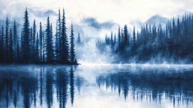 Serene misty lake with tall evergreens reflecting in calm water.