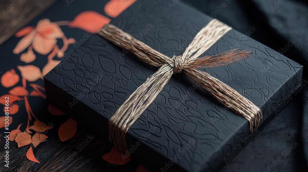 Poster close-up of a black gift box with a gold ribbon tied in a bow on top. the ribbon is made of twine an