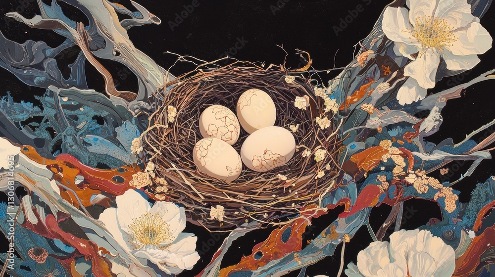 Poster illustration of a bird's nest with four eggs in it. the nest is made of twigs and branches, and the 