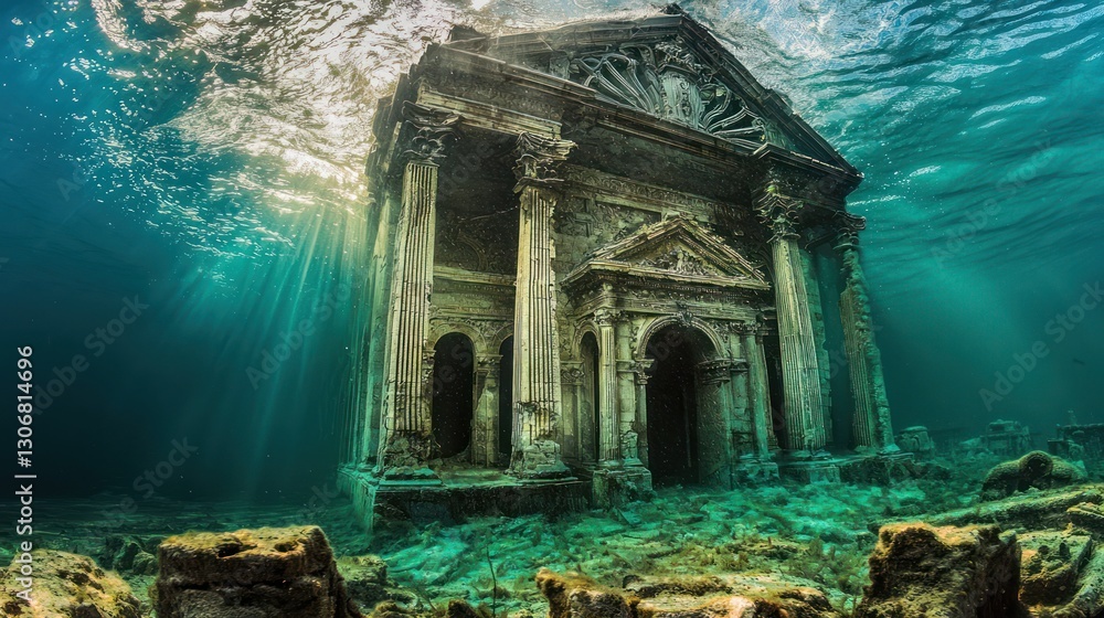 Poster sunbeams illuminate a submerged ancient temple ruin on the seabed.