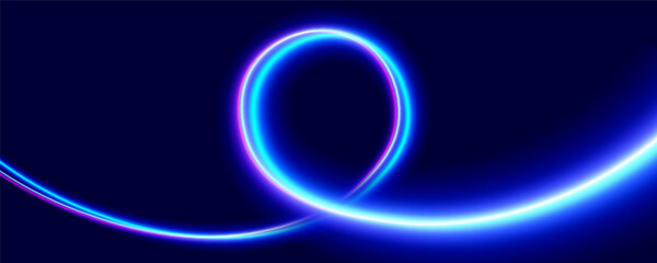 Virtual fluorescent ribbon loop. Neon glowing line. Vector curve light effect. Fantastic minimalist background.
