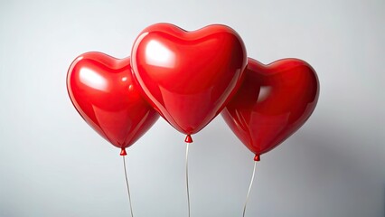 High-resolution Valentine's image:  Floating red heart balloons, a romantic drone shot against a clean white background.