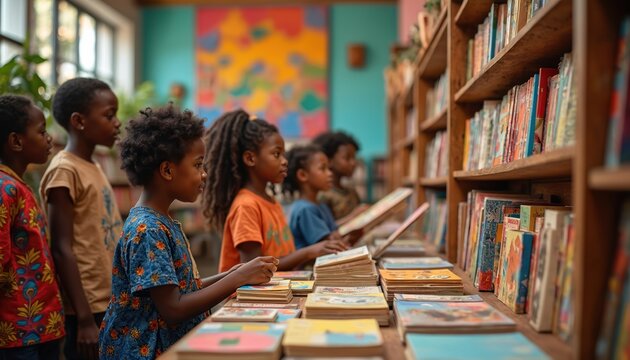 Group of african kids reads books in the cultural library or bookstore. Children look at colorful books on the shelf, they exploring art and knowledge. Diverse education.