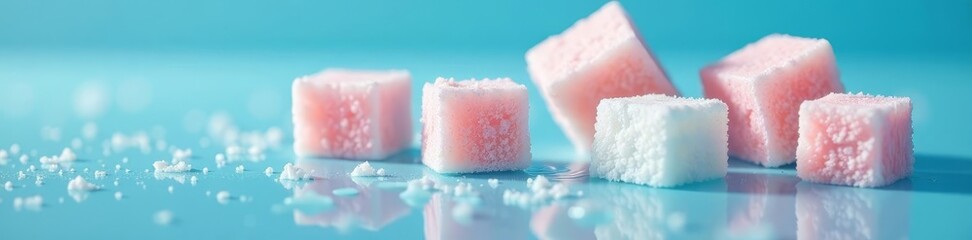 Close-up of sugar cubes melting in water, soft blue backdrop, minimal, solution, close up