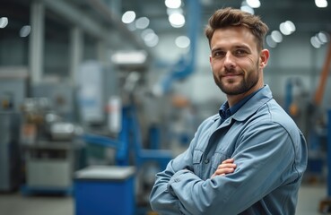 Profile portrait of smiling handsome bearded man in blue workwear suit at factory. Guy with crossed arms poses against blurred industrial equipment background. Engineer at manufactory. Production