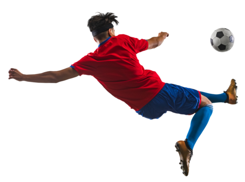 Professional forward. Match training activity. One young Caucasian soccer football player training against transparent background. Concept of championship, match, action, team sport game, energy.