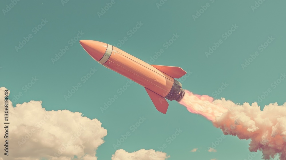 Poster Rocket flying in the sky. the rocket is orange in color and has a pointed nose and a pointed tail. it is flying towards the right side of the image, with a trail of orange smoke trailing behind it.