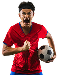 Team leader. Portrait of excited male soccer football player in uniform against transparent background. Championship, match, training. Concept of tournament, competition, action, team, sport game © Lustre Art Group 