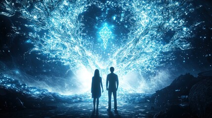 Fototapeta premium Couple silhouetted against a glowing, icy tree.