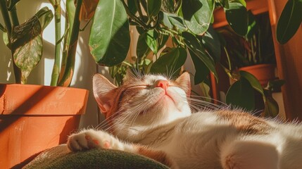 Cat sleeping peacefully on a green cushion. the cat is orange and white in color and is lying on its side with its head resting on its paws.