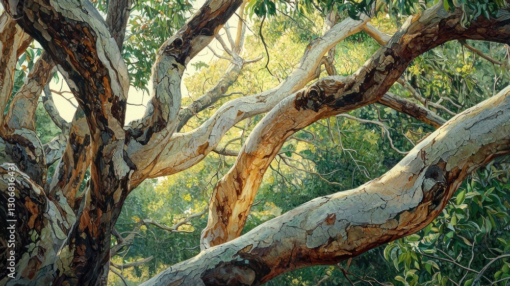 Poster sunlight filtering through the intricate branches and peeling bark of a large tree.