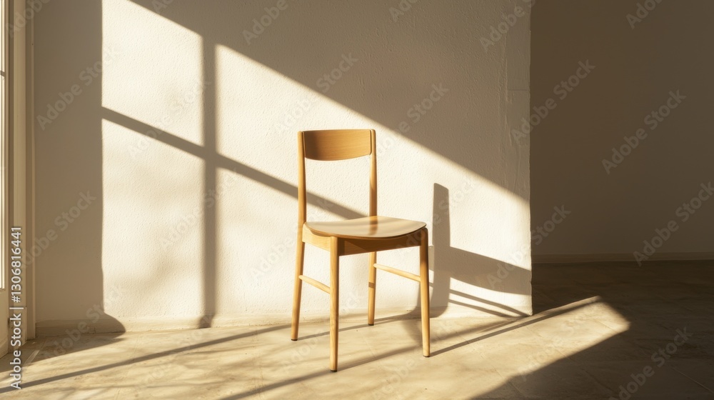Poster wooden chair in an empty room with a large window on the left side. the chair is facing towards the 