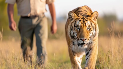 Fototapeta premium Wildlife Conservation Efforts in Action with Rescued Endangered Tiger Walking in Nature