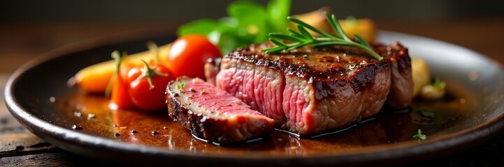 Seared succulent fillet steak, roasted root vegetables, closeup, yellow, stilllife