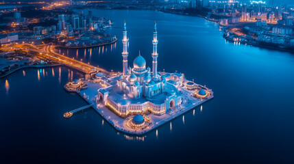 Evening Serenity: Illuminated Mosque on a Riverfront, City lights mirroring in water, a spiritual night