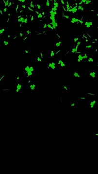 A cloud of Irish shamrock leaf falling tumbling for St Patrick's Day. Animated overlay with transparent background alpha