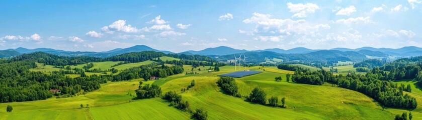 Scenic View of Wind Turbines and Solar Panels in a Sunny Green Landscape