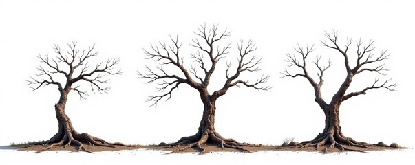 Obraz premium Three bare, decaying trees against a stark white Stages of rot clearly visible , aged, winter, decay