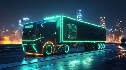 Electric heavy truck trailer transport, green cargo mockup template, sustainable delivery vehicle business, commercial logistics shipping, solar-powered freight container, night view with city lights