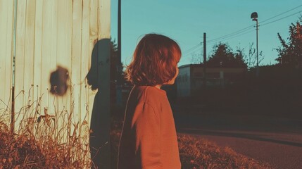 Young girl standing in front of a corrugated metal wall. she is facing away from the camera, with her back towards the camera.