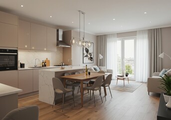 Modern kitchen mockup table interior in a luxury home with stylish design, windows, furniture, and a spacious layout