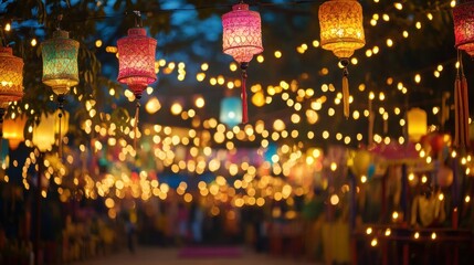 Obraz premium Colorful illuminated lanterns decorate an outdoor night time festival scene