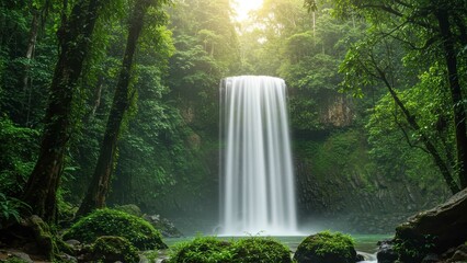Majestic waterfall cascades through vibrant green forest, creating serene atmosphere and inviting exploration