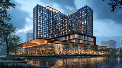 Modern hotel building at dusk reflected in water.